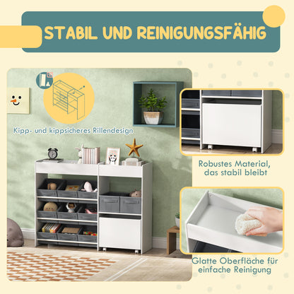 Children's Shelf Toy Shelf with 11 Fabric Boxes, Upper Compartments, 3 Stickers, Children's Bookshelf with Cupboard for Children's Room, Kindergarten, 105 x 30 x 80 cm, White