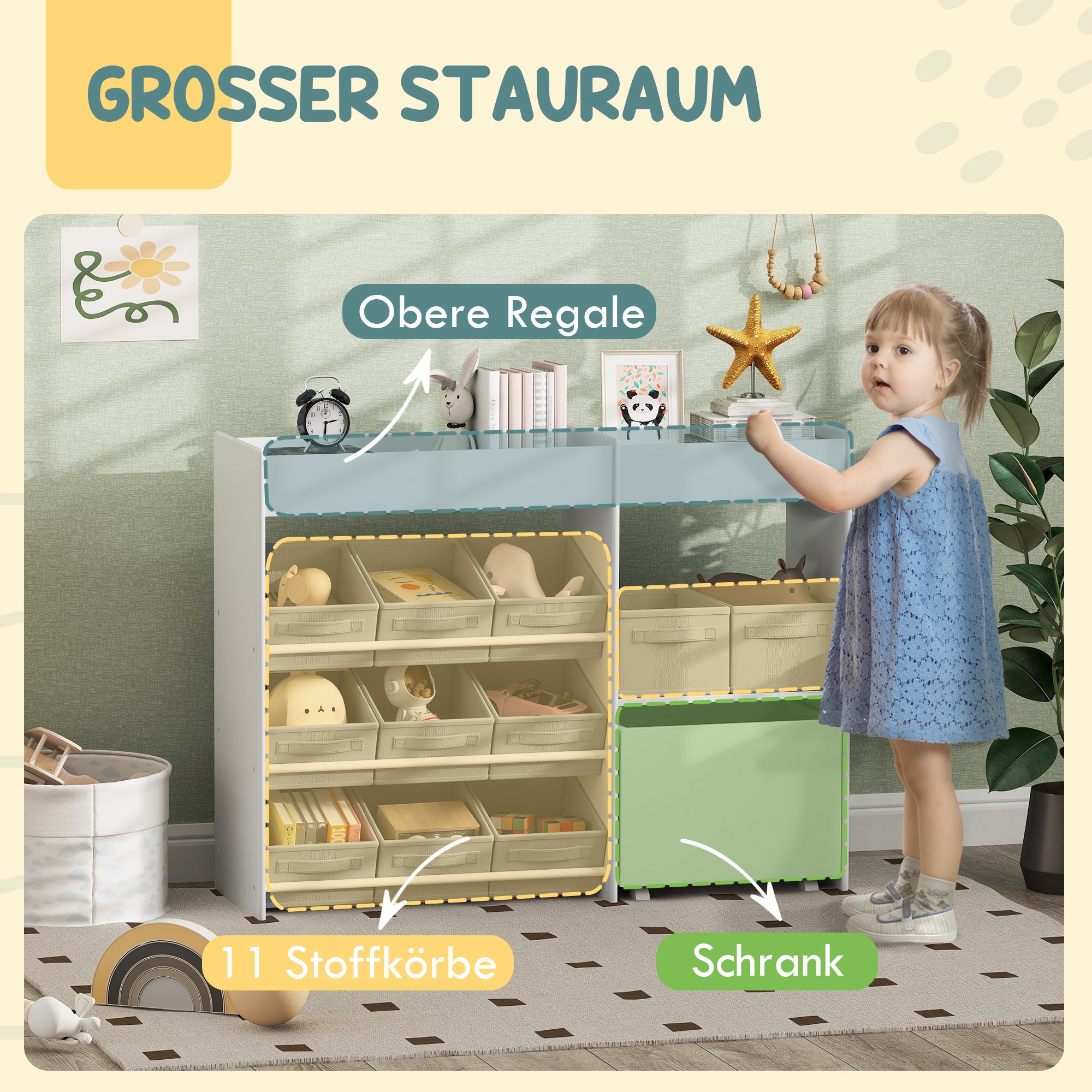 Children's Shelf Toy Shelf with 11 Fabric Boxes, Upper Compartments, 3 Stickers, Children's Bookshelf with Cupboard for Children's Room, Kindergarten, 105 x 30 x 80 cm, White