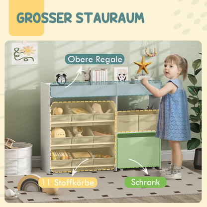 Children's Shelf Toy Shelf with 11 Fabric Boxes, Upper Compartments, 3 Stickers, Children's Bookshelf with Cupboard for Children's Room, Kindergarten, 105 x 30 x 80 cm, White