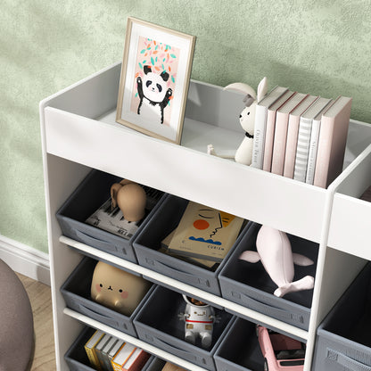 Children's Shelf Toy Shelf with 11 Fabric Boxes, Upper Compartments, 3 Stickers, Children's Bookshelf with Cupboard for Children's Room, Kindergarten, 105 x 30 x 80 cm, White