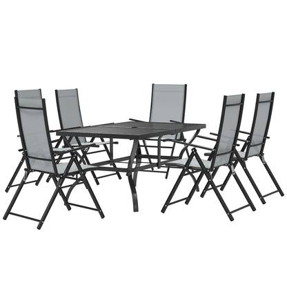 7-Piece Garden Table and Chairs Set, Dining Table with Umbrella Hole and 6 High Back Folding Outdoor Chairs, Steel Rectangular Garden Table, Gray