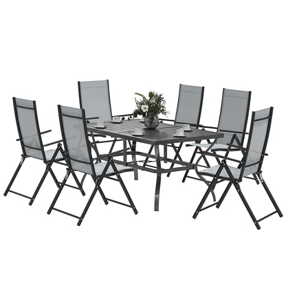 7-Piece Garden Table and Chairs Set, Dining Table with Umbrella Hole and 6 High Back Folding Outdoor Chairs, Steel Rectangular Garden Table, Gray