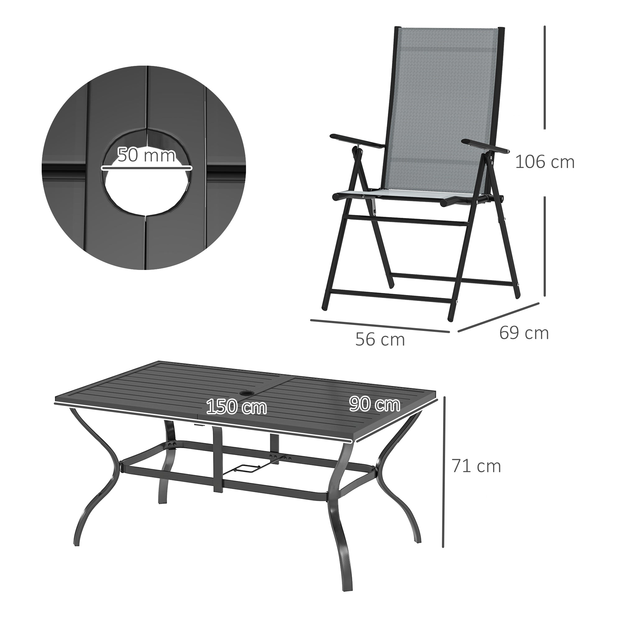 7-Piece Garden Table and Chairs Set, Dining Table with Umbrella Hole and 6 High Back Folding Outdoor Chairs, Steel Rectangular Garden Table, Gray