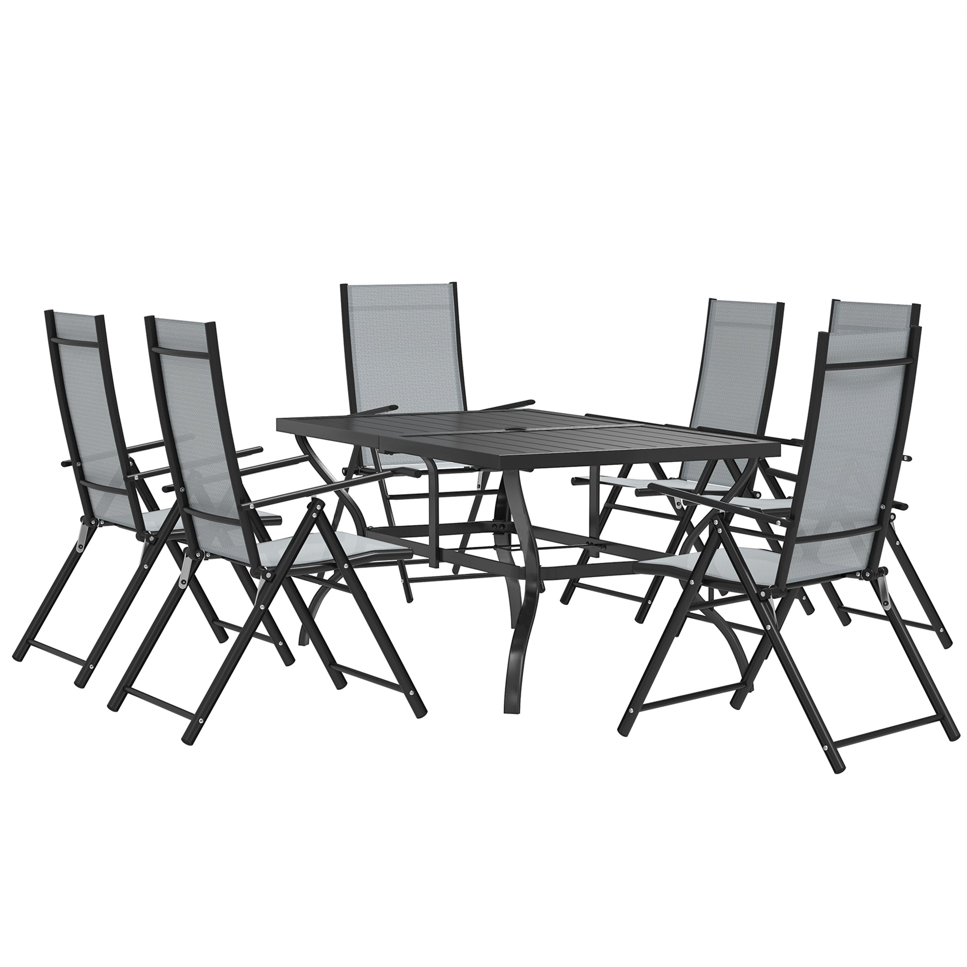 7-Piece Garden Table and Chairs Set, Dining Table with Umbrella Hole and 6 High Back Folding Outdoor Chairs, Steel Rectangular Garden Table, Gray