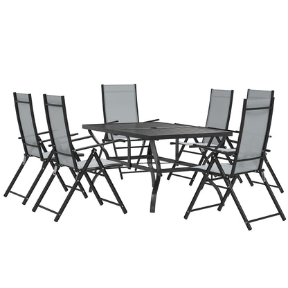 7-Piece Garden Table and Chairs Set, Dining Table with Umbrella Hole and 6 High Back Folding Outdoor Chairs, Steel Rectangular Garden Table, Gray
