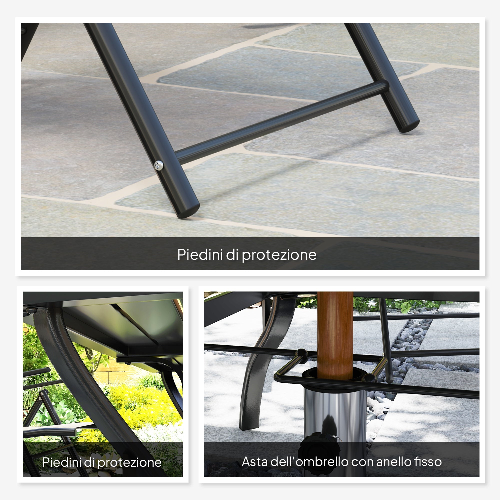 7-Piece Garden Table and Chairs Set, Dining Table with Umbrella Hole and 6 High Back Folding Outdoor Chairs, Steel Rectangular Garden Table, Gray