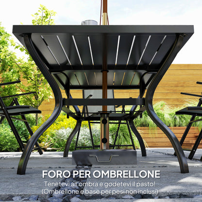 7-Piece Garden Table and Chairs Set, Dining Table with Umbrella Hole and 6 High Back Folding Outdoor Chairs, Steel Rectangular Garden Table, Gray