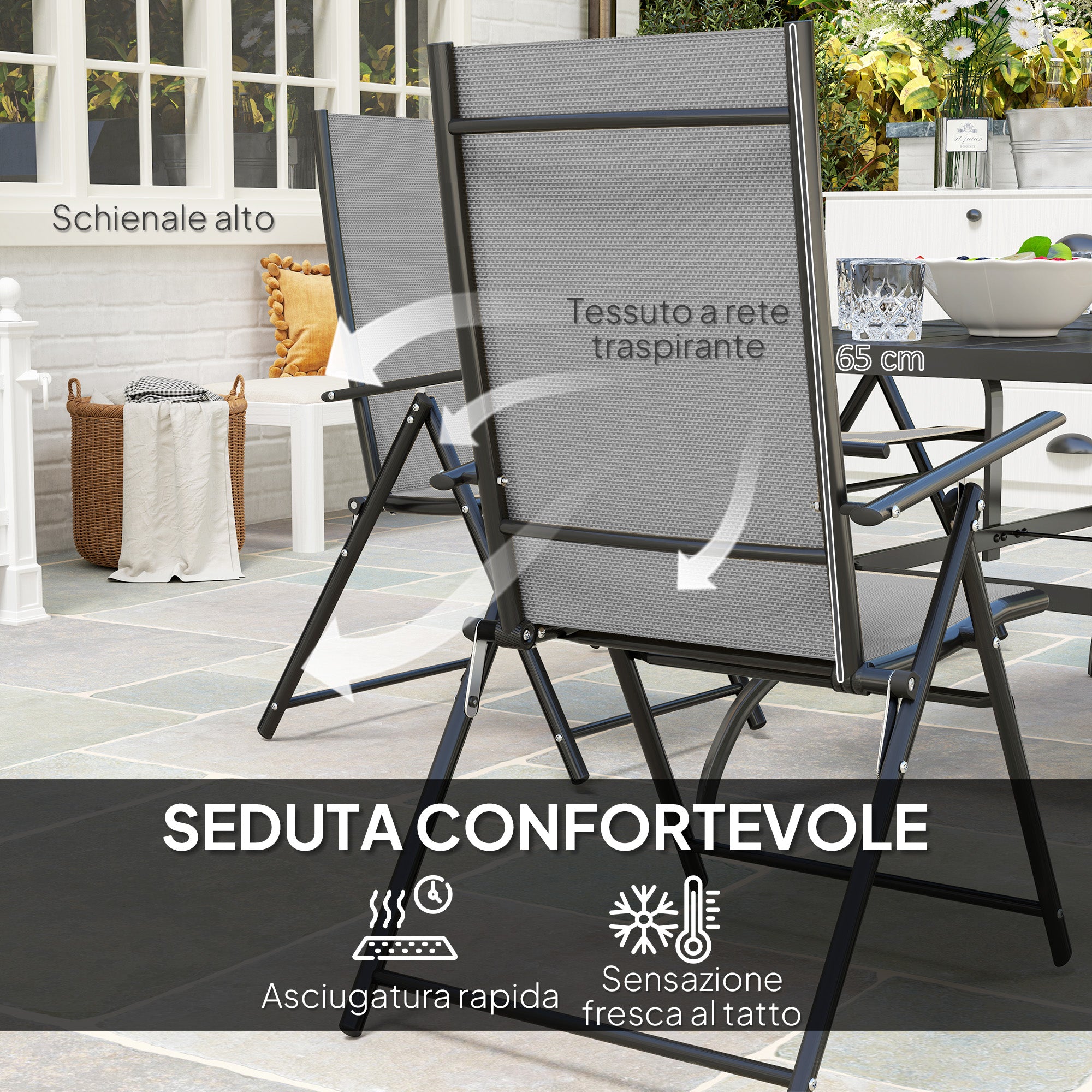 7-Piece Garden Table and Chairs Set, Dining Table with Umbrella Hole and 6 High Back Folding Outdoor Chairs, Steel Rectangular Garden Table, Gray