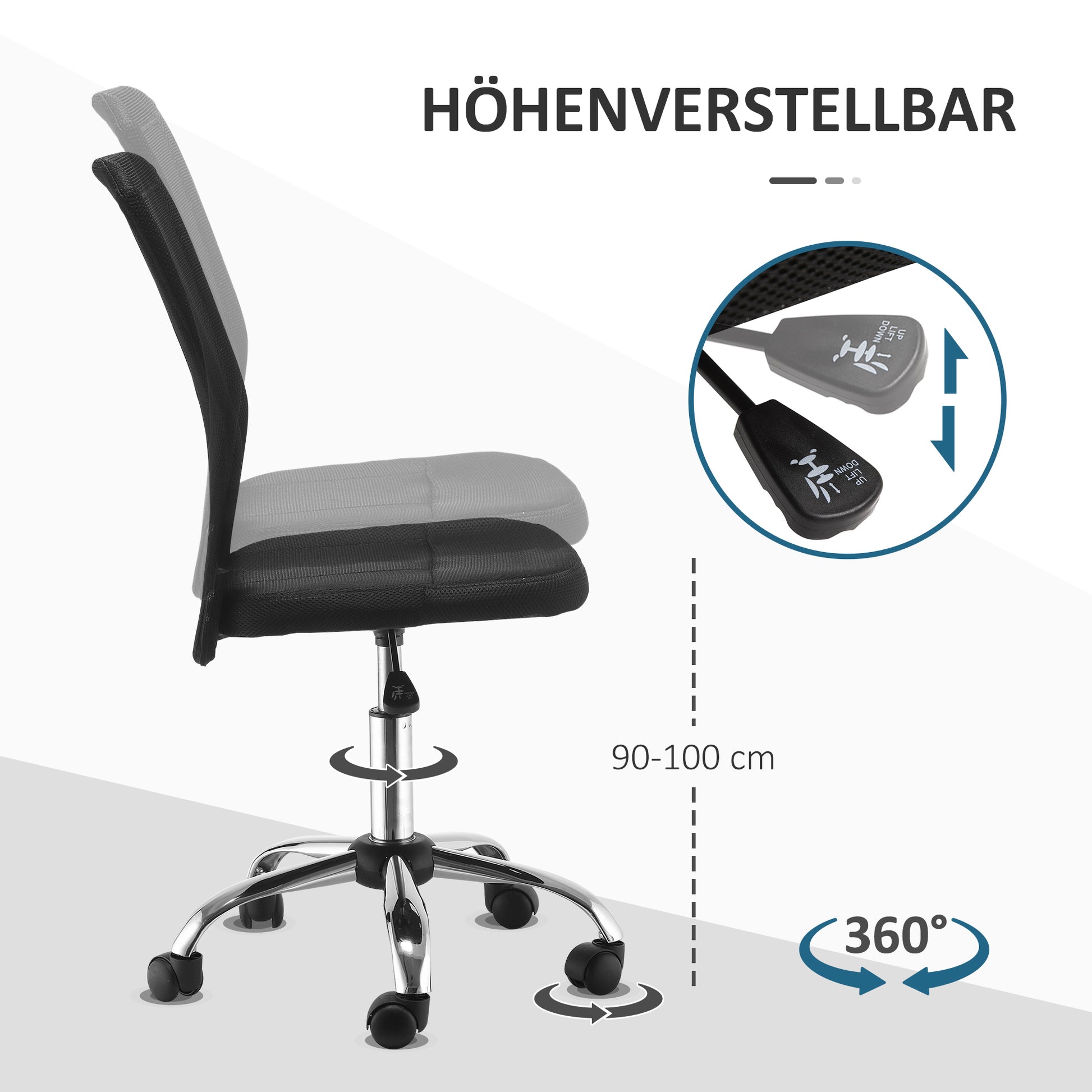 Office Chair Ergonomic, Height Adjustable Desk Chair, 360° Swivel Chair with Breathable Backrest, for Office, Study Room, up to 100 kg Capacity, Black