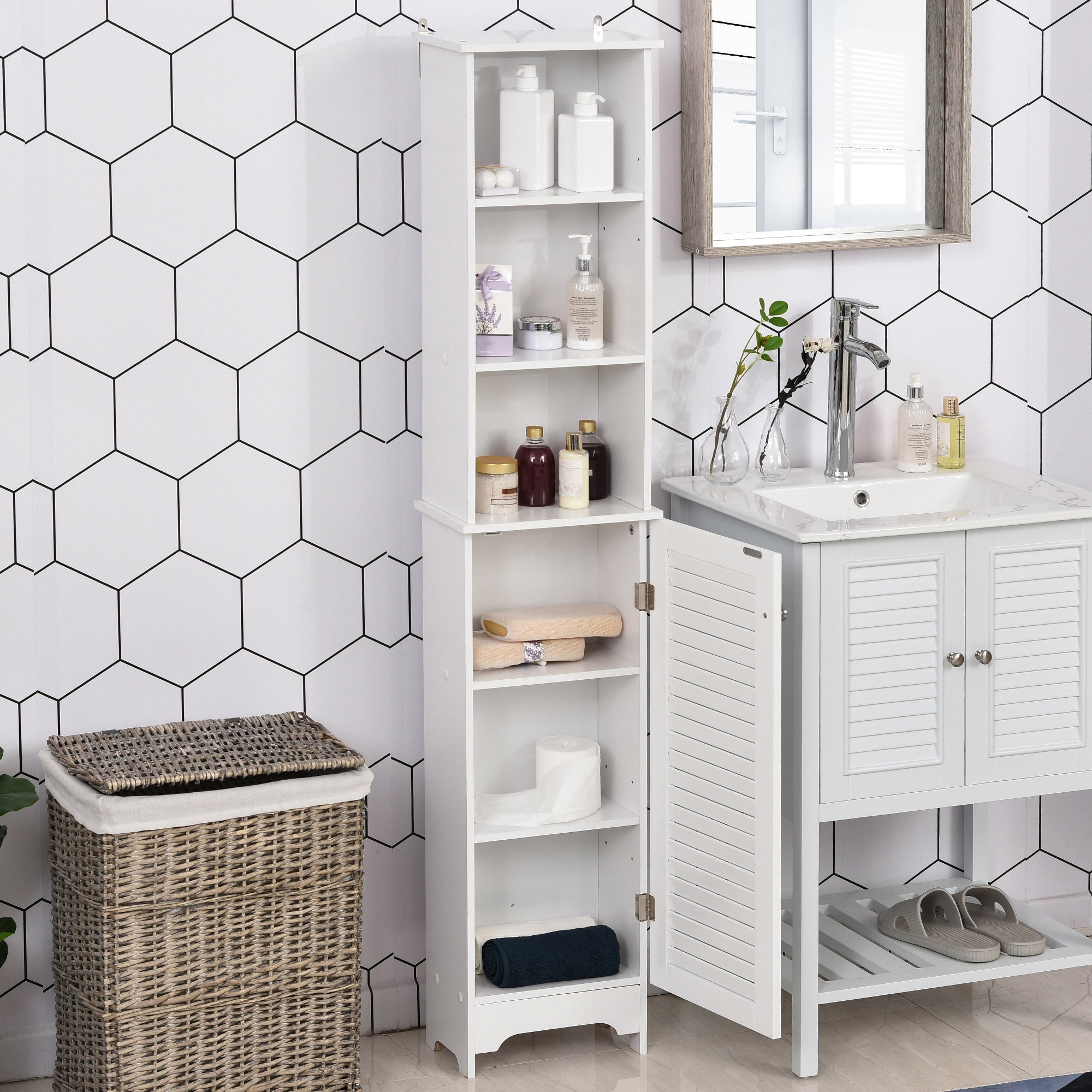 Tall Bathroom Cabinet with 1 Door 3 Open Shelves and Adjustable Interior Shelf Storage Unit for Living Room Bathroom Bedroom 34x20x165 cm White