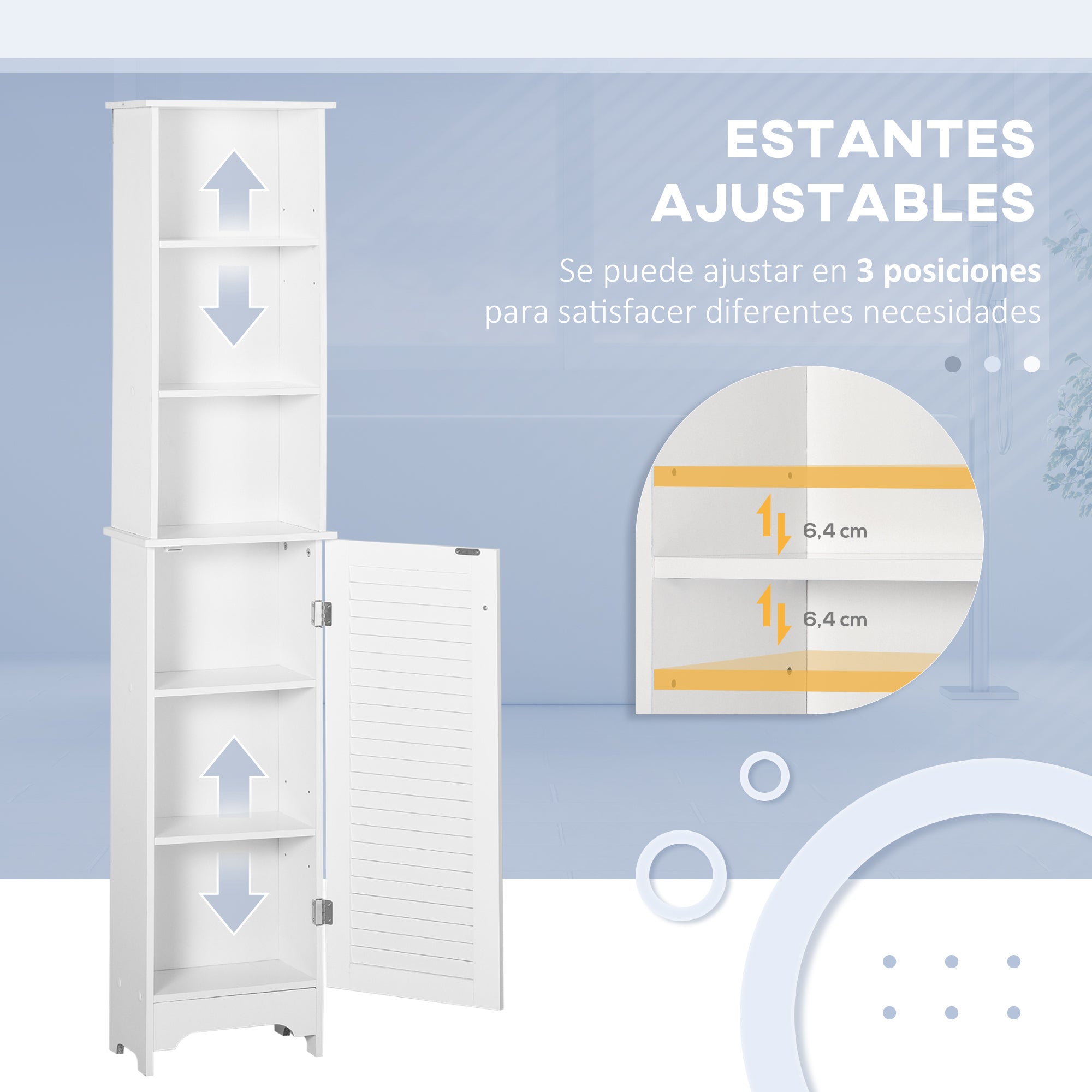 Tall Bathroom Cabinet with 1 Door 3 Open Shelves and Adjustable Interior Shelf Storage Unit for Living Room Bathroom Bedroom 34x20x165 cm White