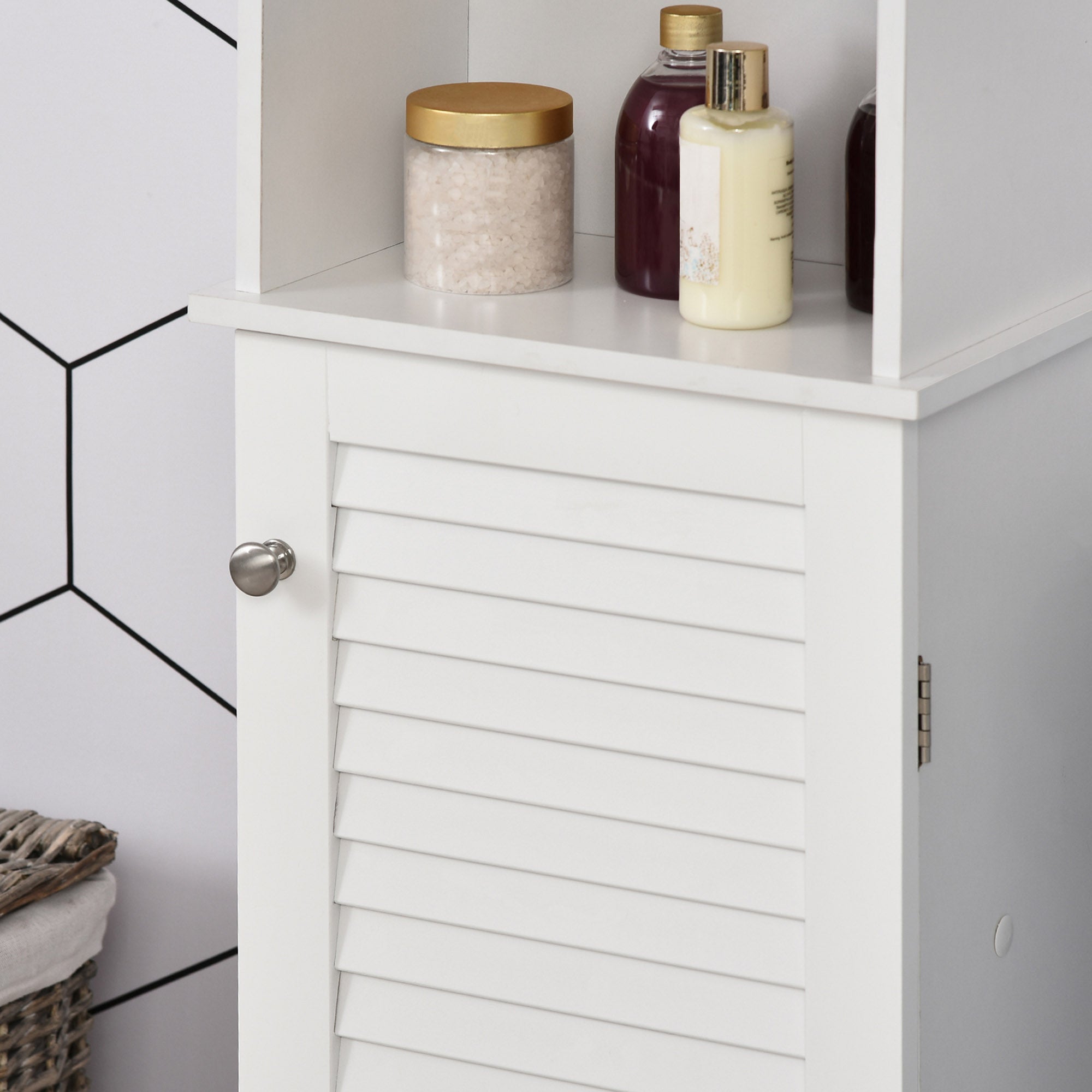 Tall Bathroom Cabinet with 1 Door 3 Open Shelves and Adjustable Interior Shelf Storage Unit for Living Room Bathroom Bedroom 34x20x165 cm White