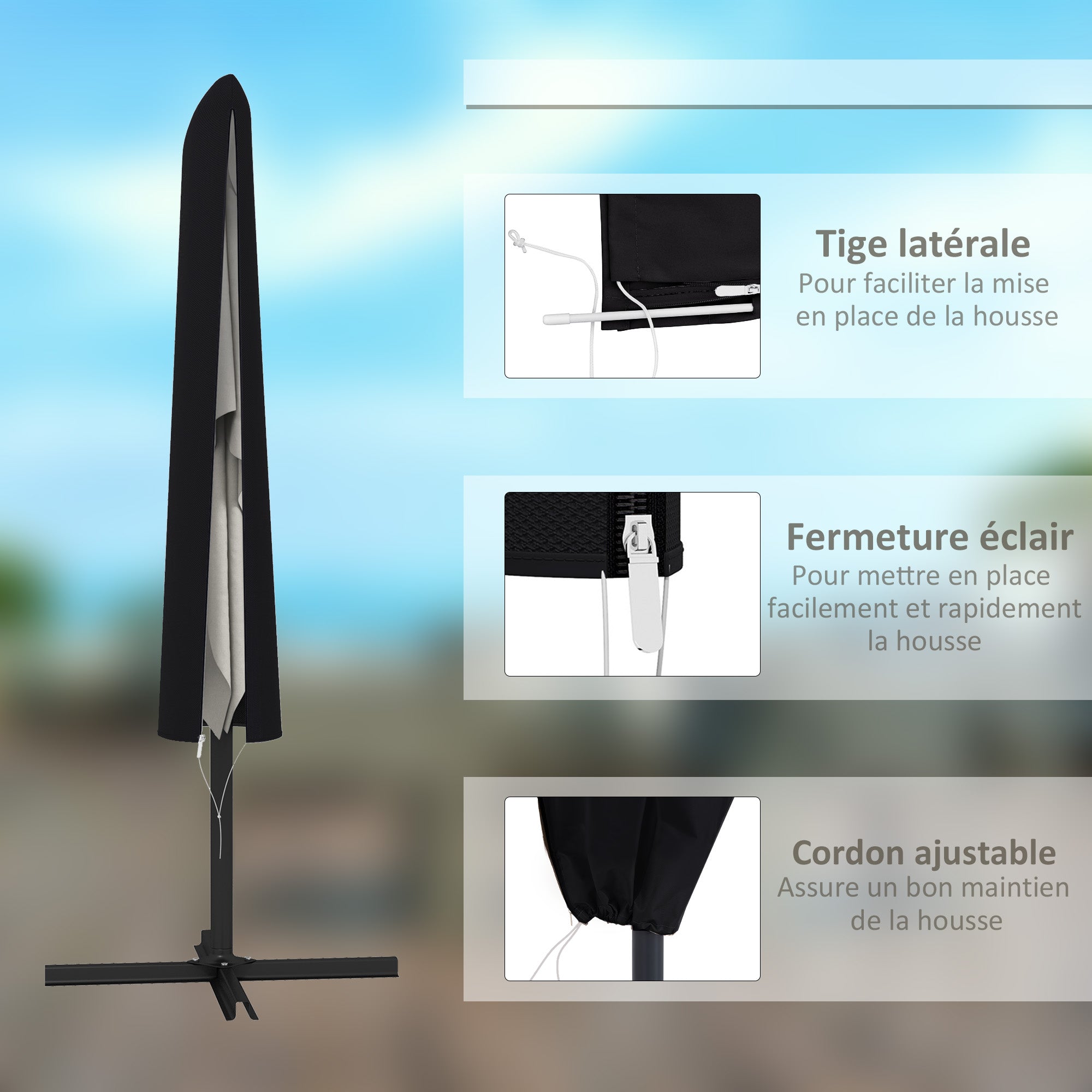 Waterproof Cover for Upright Umbrella with Zipper and Drawstring Black Oxford Polyester