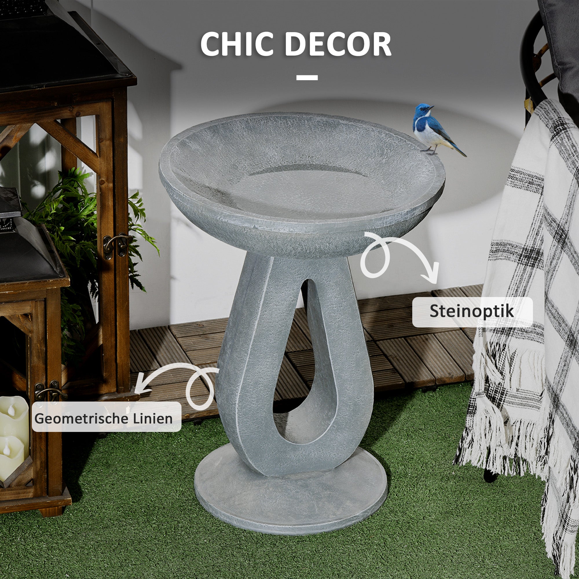Bird Bath, 51 cm Height Bird Bath, Bird Basin with Stand, Bird Feeder with Stone Look, Wild Bird Bath for Garden, Balcony, Gray