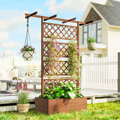 Pine Raised Planter with Trellis & Roof, Raised Garden Bed for Climbers, Balcony & Garden, 63 × 21.7 × 72 in (160 × 55 × 183 cm) - Orange