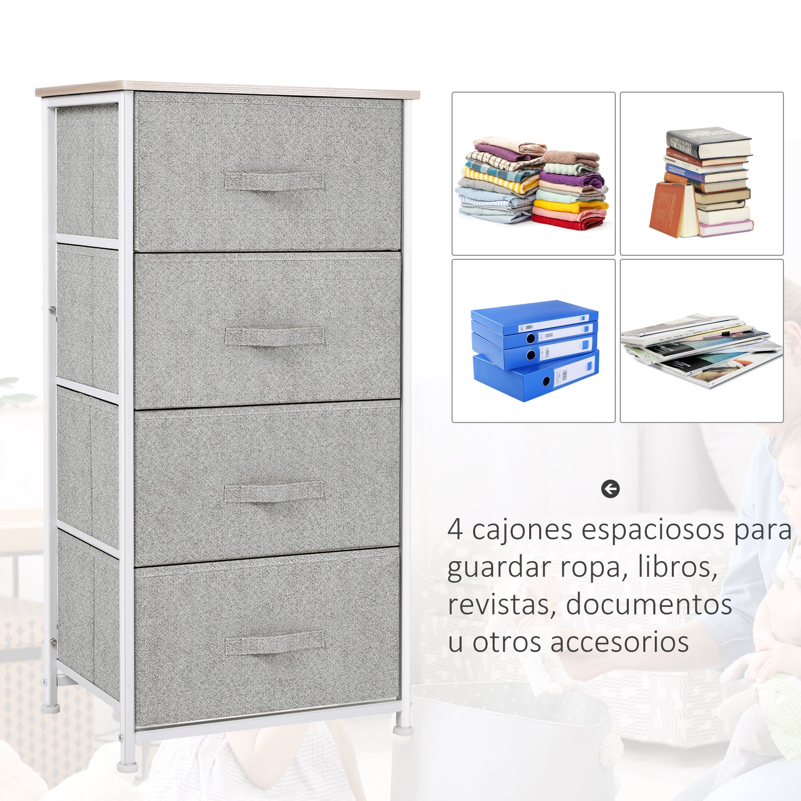Chest of Drawers with 4 Fabric Drawers Storage Cabinet Multifunctional for Bedroom Living Room Hallway 45x30x92 cm Gray