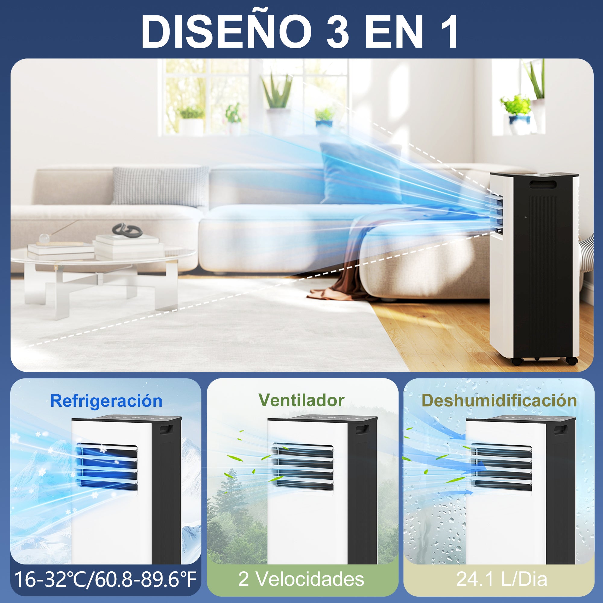 Portable Air Conditioner 3 in 1 9000 BTU Cooler Fan Dehumidifier 24.1 L/Day with Remote Control LED Display 24h Timer 2 Speeds for Room 28m² White and Black