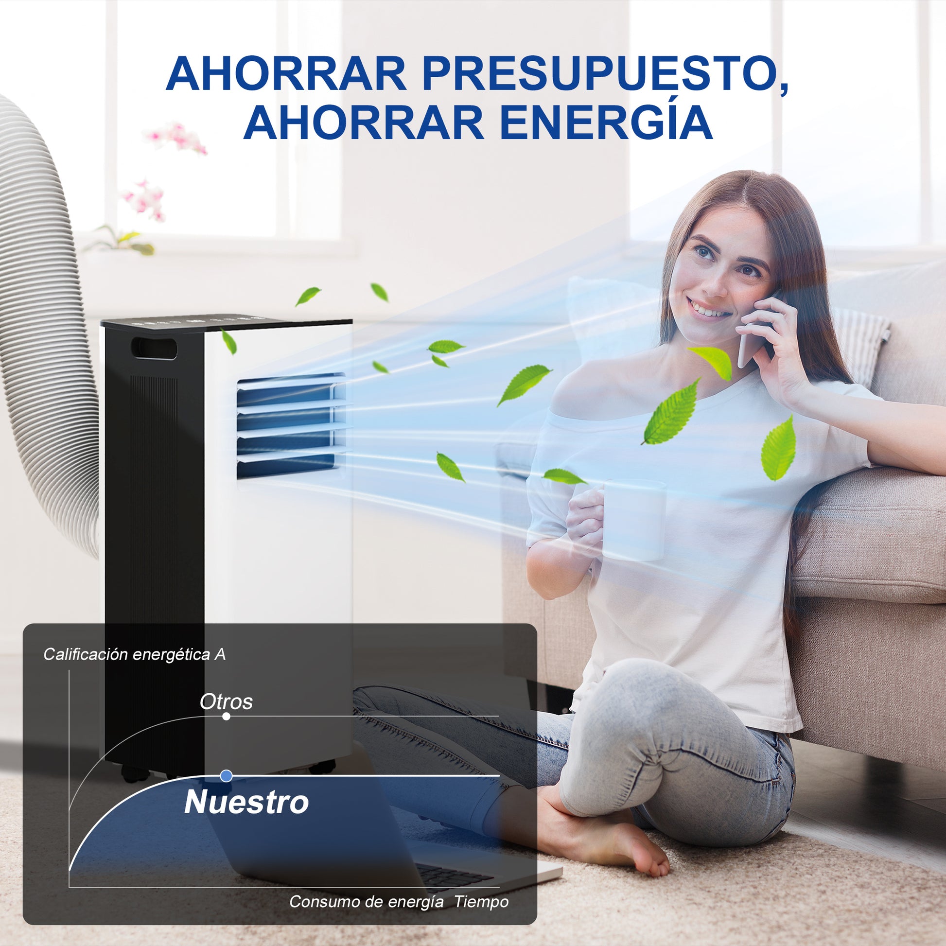 Portable Air Conditioner 3 in 1 9000 BTU Cooler Fan Dehumidifier 24.1 L/Day with Remote Control LED Display 24h Timer 2 Speeds for Room 28m² White and Black