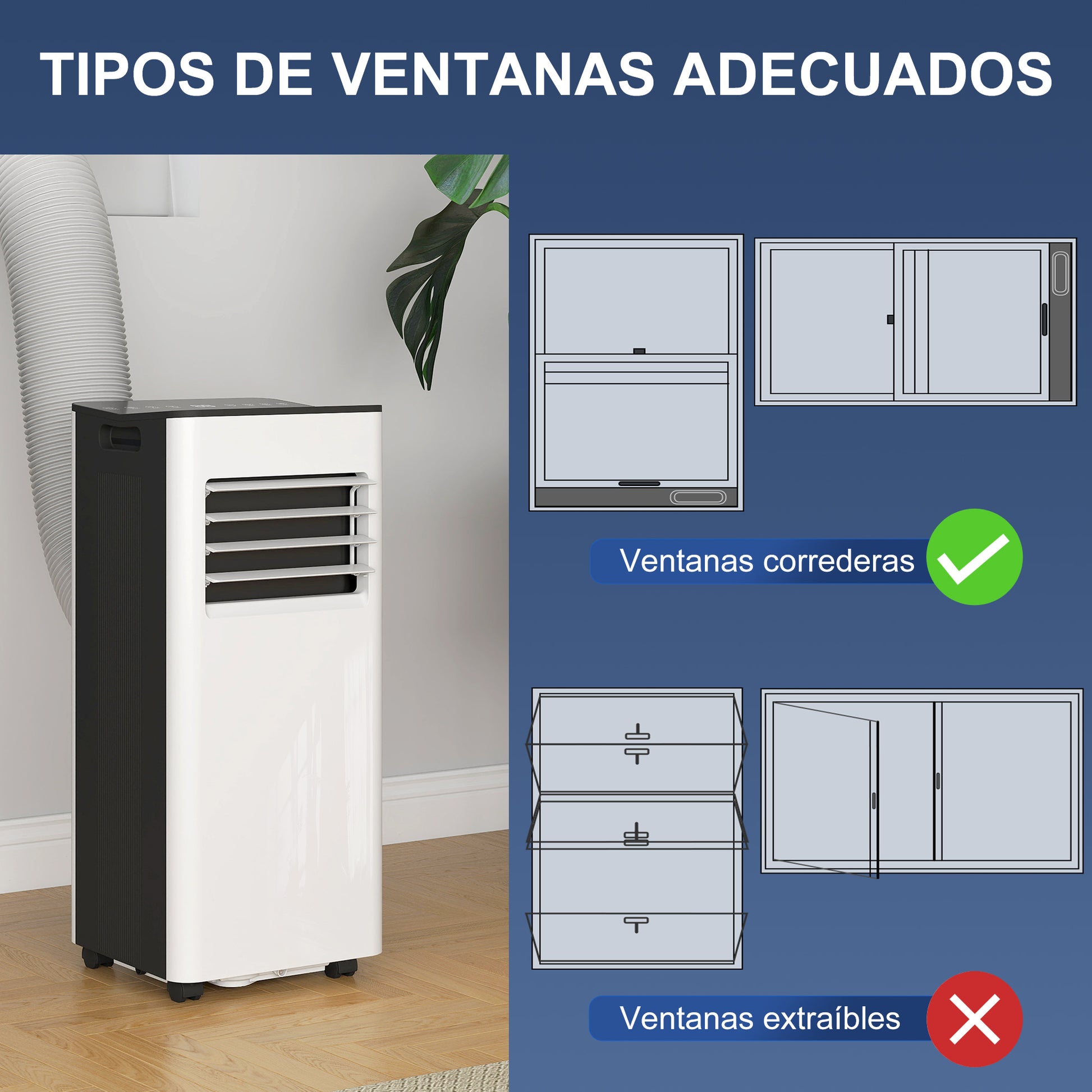 Portable Air Conditioner 3 in 1 9000 BTU Cooler Fan Dehumidifier 24.1 L/Day with Remote Control LED Display 24h Timer 2 Speeds for Room 28m² White and Black