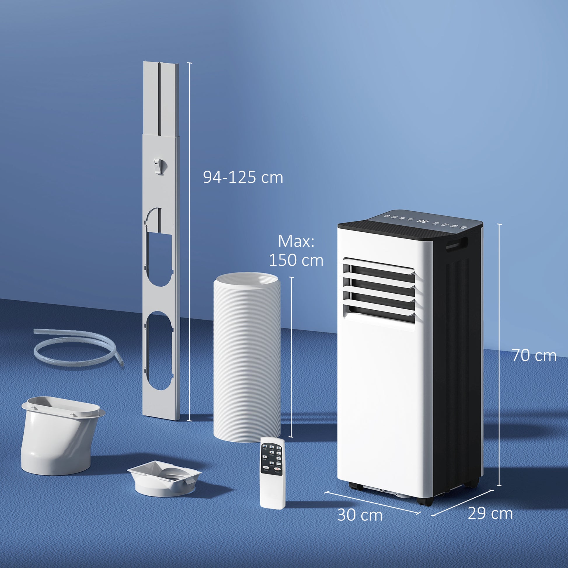 Portable Air Conditioner 3 in 1 9000 BTU Cooler Fan Dehumidifier 24.1 L/Day with Remote Control LED Display 24h Timer 2 Speeds for Room 28m² White and Black
