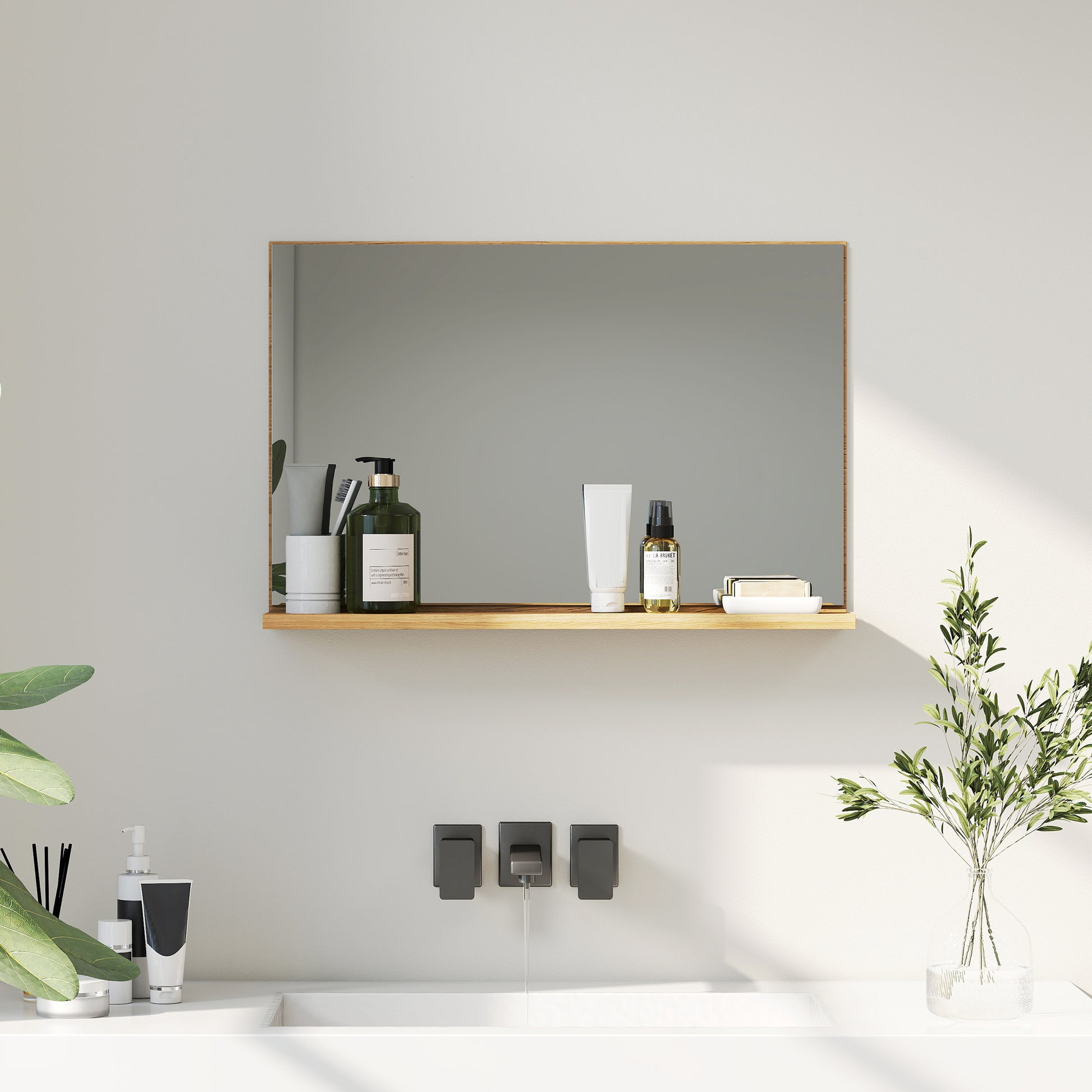 Wall Bathroom Mirror with Shelf, Modern Multi-Purpose Mirror for Bathroom, Bedroom, and Entryway, 60x12x40 cm, Wood