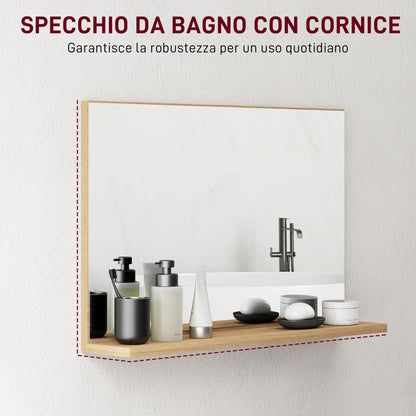 Wall Bathroom Mirror with Shelf, Modern Multi-Purpose Mirror for Bathroom, Bedroom, and Entryway, 60x12x40 cm, Wood