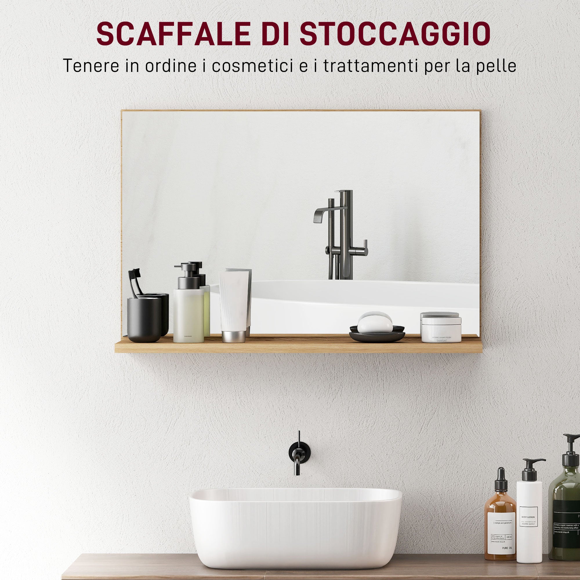 Wall Bathroom Mirror with Shelf, Modern Multi-Purpose Mirror for Bathroom, Bedroom, and Entryway, 60x12x40 cm, Wood