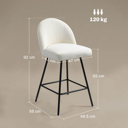 Set of 2 Bar Stools with Velvet Backrest, High Chairs with Footrest for Kitchen Island and Bar Counter, 48.5x56x92 cm, Cream White