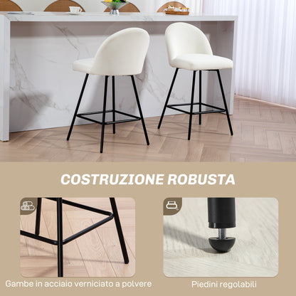 Set of 2 Bar Stools with Velvet Backrest, High Chairs with Footrest for Kitchen Island and Bar Counter, 48.5x56x92 cm, Cream White