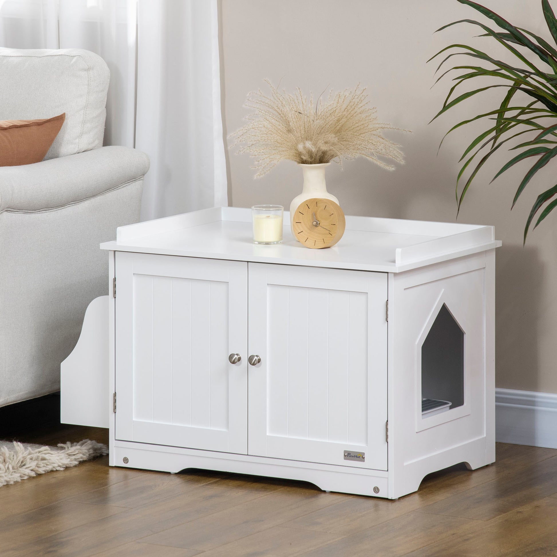 Cat Litter Box Cabinet Cat House with Magnetic Doors Partition Cat Toilet with Storage Space Cat Cabinet for Medium-Sized Cats Side Table Cat Cave 86 x 48 x 52 cm White
