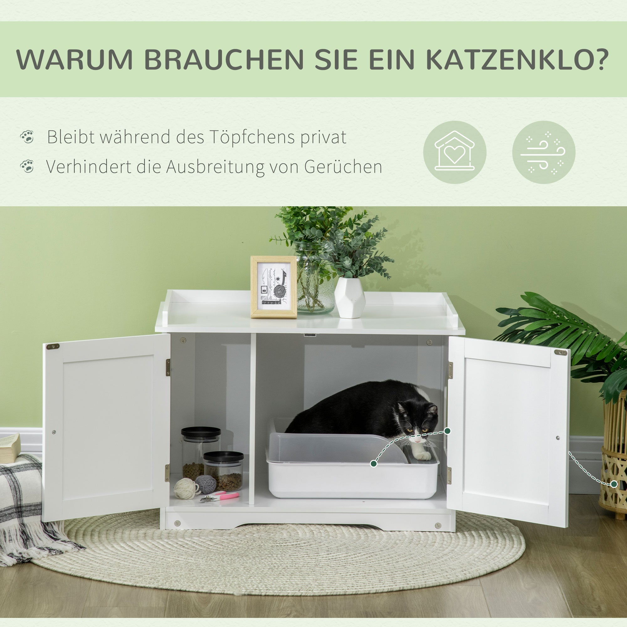 Cat Litter Box Cabinet Cat House with Magnetic Doors Partition Cat Toilet with Storage Space Cat Cabinet for Medium-Sized Cats Side Table Cat Cave 86 x 48 x 52 cm White
