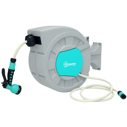 Hose Reel with Garden Hose 25m, 180° Rotatable Hose Box, Wall-Mounted Hose Reel, Automatic Rewind Water Hose Reel, 7-Function Hand Shower, Green+Grey
