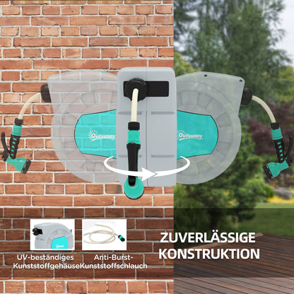 Hose Reel with Garden Hose 25m, 180° Rotatable Hose Box, Wall-Mounted Hose Reel, Automatic Rewind Water Hose Reel, 7-Function Hand Shower, Green+Grey