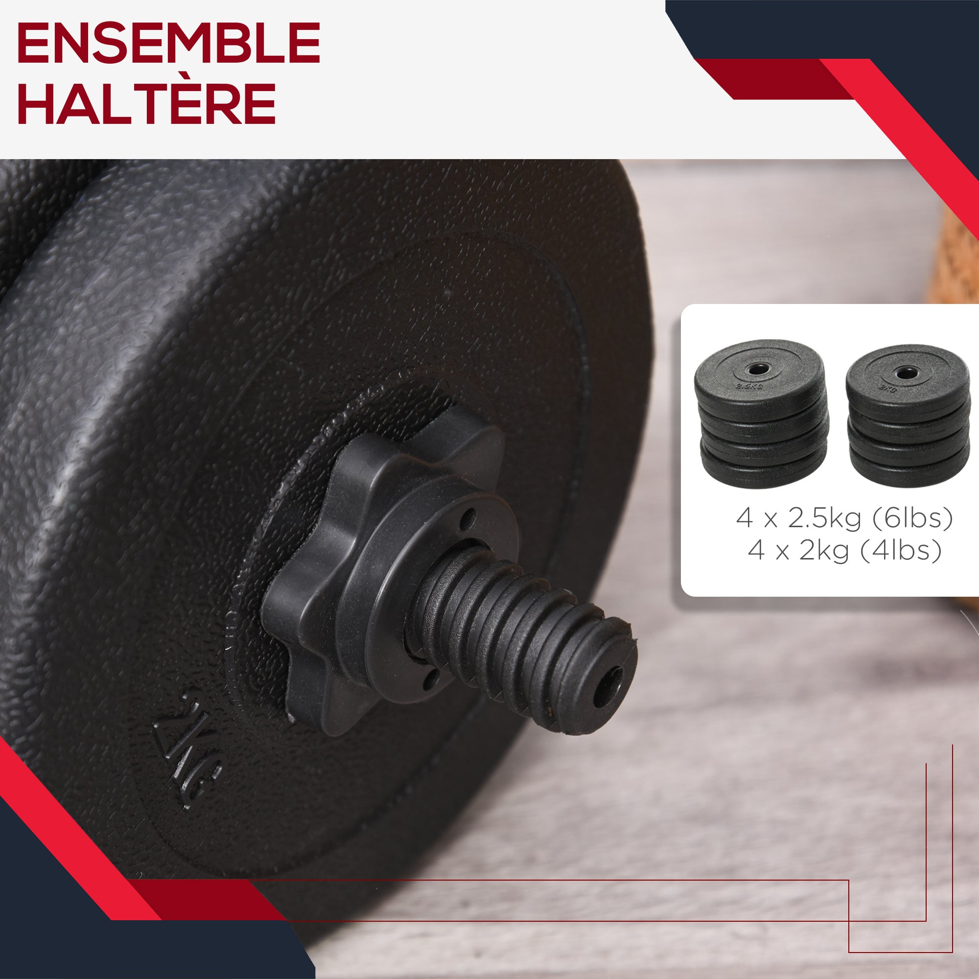 Short Dumbbell Set Total 20 Kg - Dumbbell Pairs - Adjustable Weight - Bars included - Muscle Training & Weightlifting - Black HDPE Steel