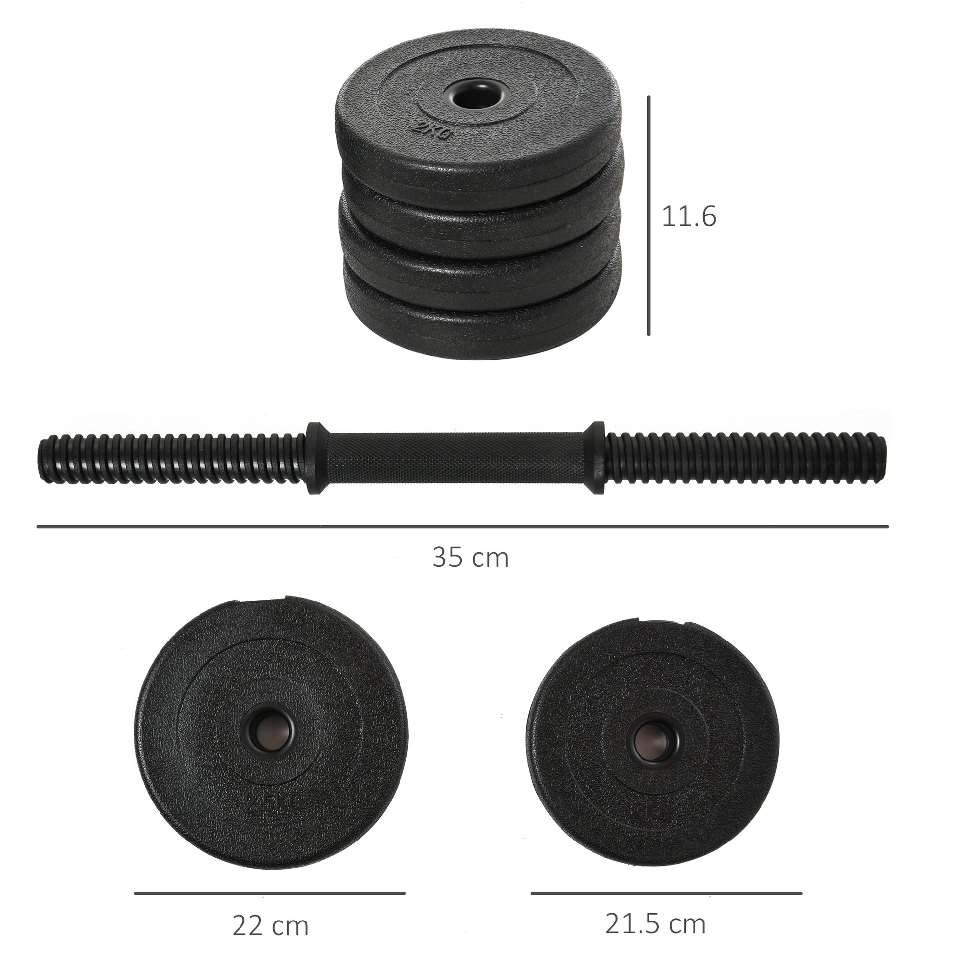 Short Dumbbell Set Total 20 Kg - Dumbbell Pairs - Adjustable Weight - Bars included - Muscle Training & Weightlifting - Black HDPE Steel