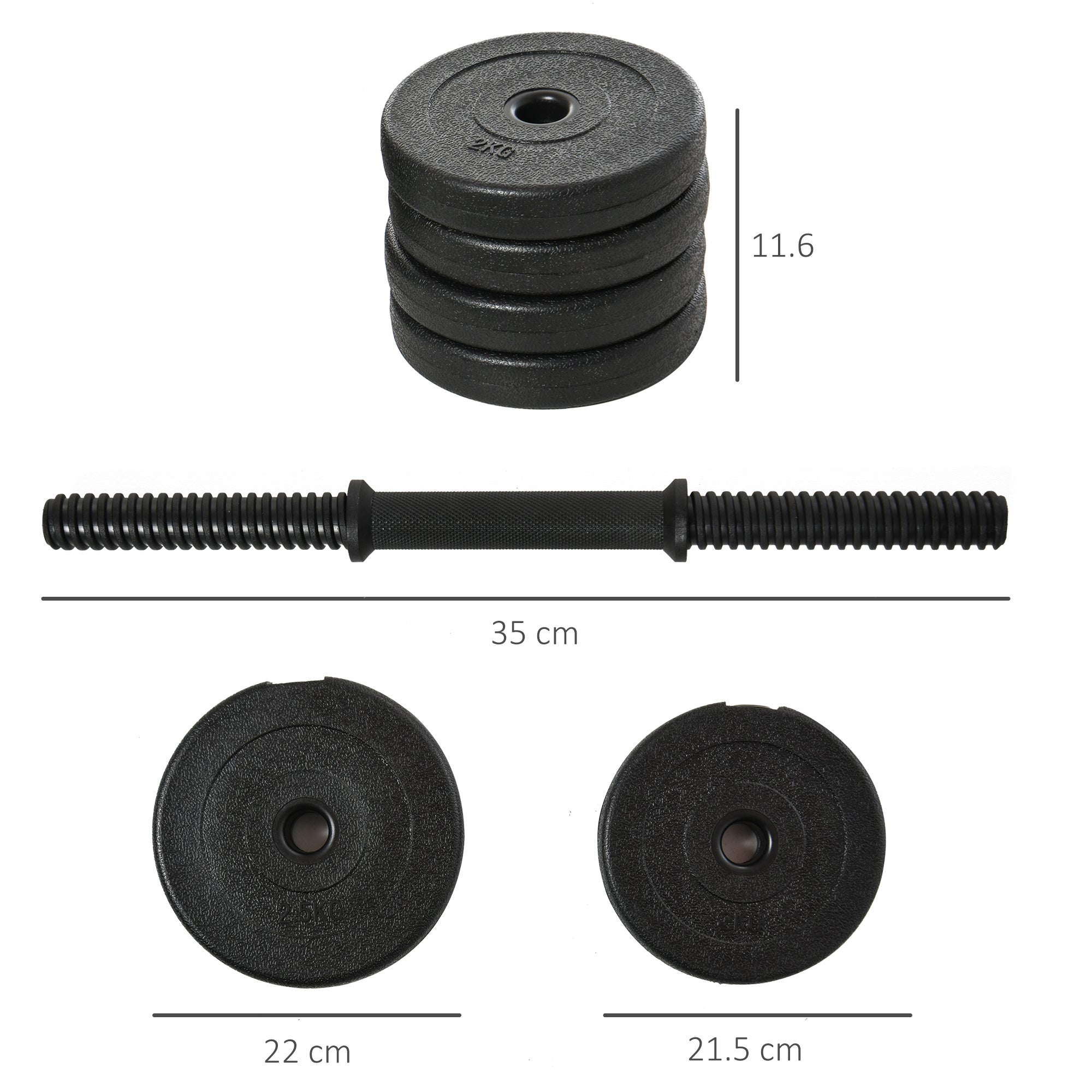 Short Dumbbell Set Total 20 Kg - Dumbbell Pairs - Adjustable Weight - Bars included - Muscle Training & Weightlifting - Black HDPE Steel