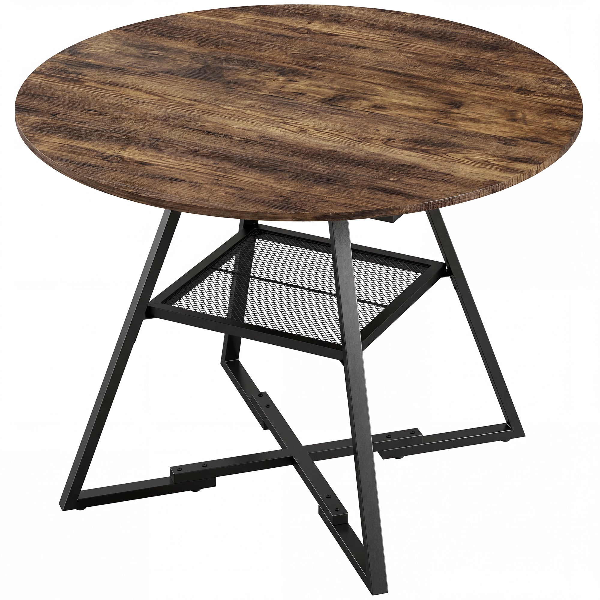 Round Dining Table for 4, 39.4" x 29.9", Industrial Kitchen Table with Large Top and Storage Shelf, Metal Frame, Rustic Brown