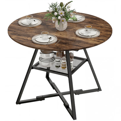Round Dining Table for 4, 39.4" x 29.9", Industrial Kitchen Table with Large Top and Storage Shelf, Metal Frame, Rustic Brown
