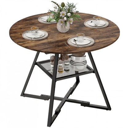 Round Dining Table for 4, 39.4" x 29.9", Industrial Kitchen Table with Large Top and Storage Shelf, Metal Frame, Rustic Brown