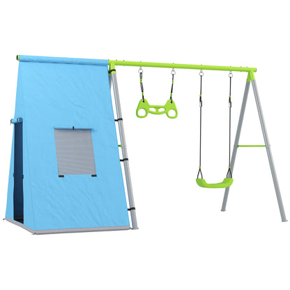 3-in-1 Outdoor Swing Frame Swing Set with Play Tent, Swing and Gymnastic Rings, Children's Swing with Metal Frame, Garden Swing for Kids Green