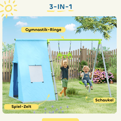 3-in-1 Outdoor Swing Frame Swing Set with Play Tent, Swing and Gymnastic Rings, Children's Swing with Metal Frame, Garden Swing for Kids Green