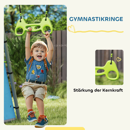 3-in-1 Outdoor Swing Frame Swing Set with Play Tent, Swing and Gymnastic Rings, Children's Swing with Metal Frame, Garden Swing for Kids Green