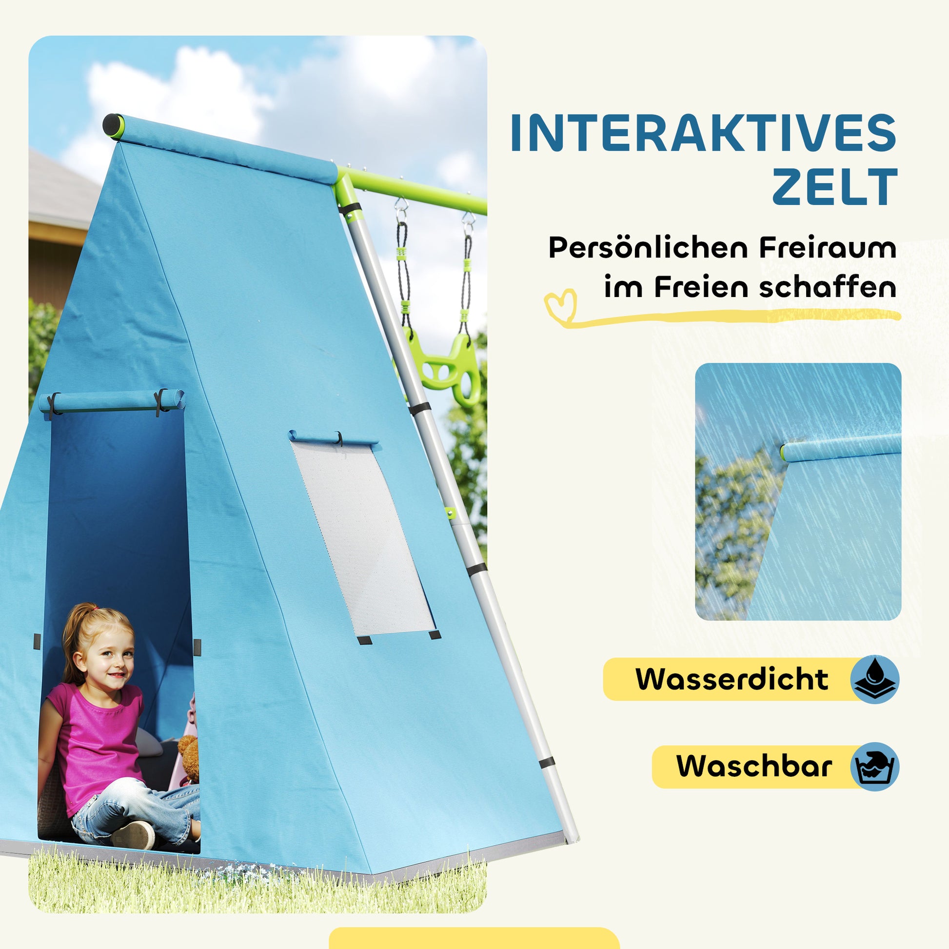 3-in-1 Outdoor Swing Frame Swing Set with Play Tent, Swing and Gymnastic Rings, Children's Swing with Metal Frame, Garden Swing for Kids Green
