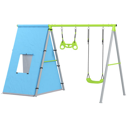 3-in-1 Outdoor Swing Frame Swing Set with Play Tent, Swing and Gymnastic Rings, Children's Swing with Metal Frame, Garden Swing for Kids Green
