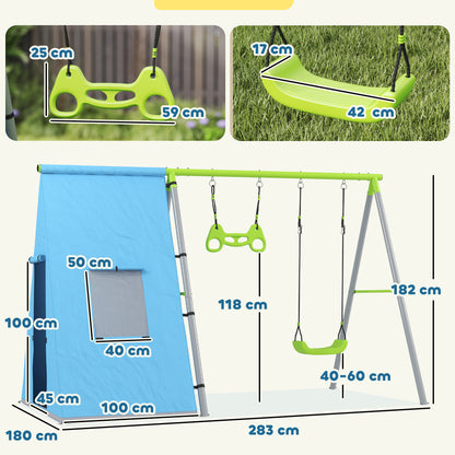 3-in-1 Outdoor Swing Frame Swing Set with Play Tent, Swing and Gymnastic Rings, Children's Swing with Metal Frame, Garden Swing for Kids Green