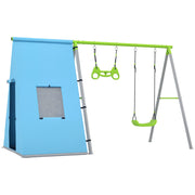 3-in-1 Outdoor Swing Frame Swing Set with Play Tent, Swing and Gymnastic Rings, Children's Swing with Metal Frame, Garden Swing for Kids Green