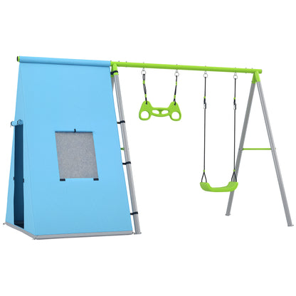 3-in-1 Outdoor Swing Frame Swing Set with Play Tent, Swing and Gymnastic Rings, Children's Swing with Metal Frame, Garden Swing for Kids Green