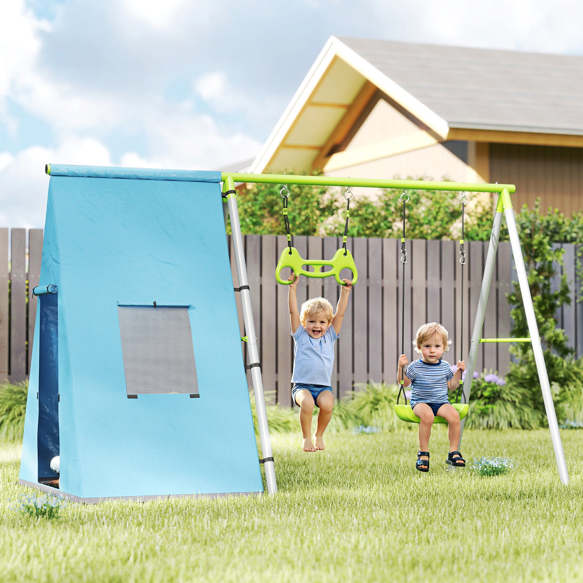 3-in-1 Outdoor Swing Frame Swing Set with Play Tent, Swing and Gymnastic Rings, Children's Swing with Metal Frame, Garden Swing for Kids Green