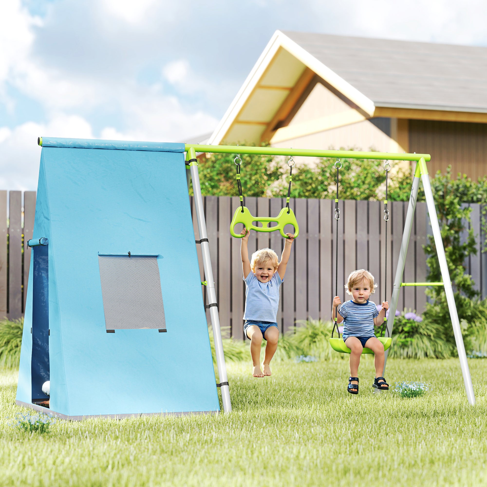 3-in-1 Outdoor Swing Frame Swing Set with Play Tent, Swing and Gymnastic Rings, Children's Swing with Metal Frame, Garden Swing for Kids Green
