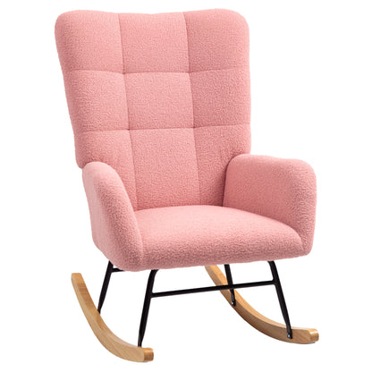 Rocking Chair, Rocking Armchair with Armrest, Teddy Velvet Look, Relaxing Chair with Wooden Rockers, Rocking Chair Nursing Chair for Bedroom, Living Room, Pink